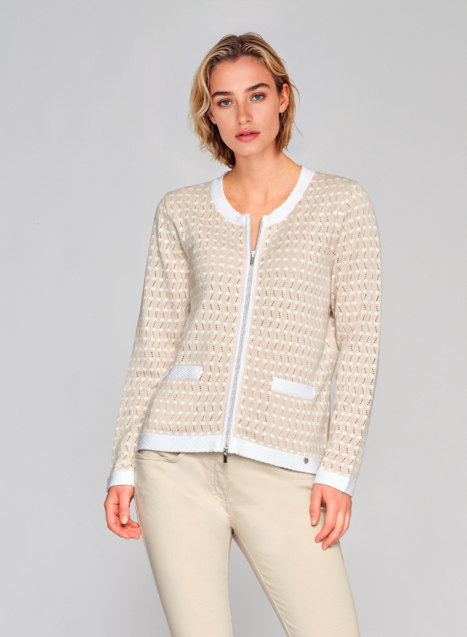 Gollehaug White Trim Cream Zip Up Cardigan