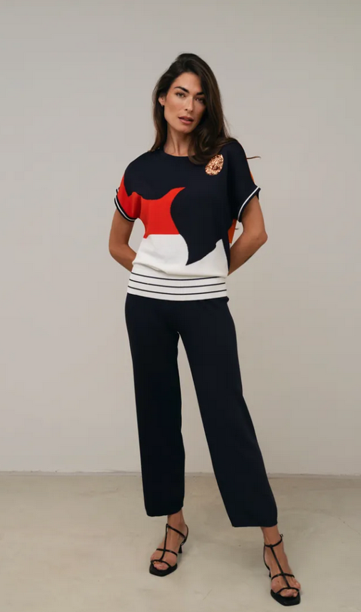 SCORZZO Navy and Red Batwing Knit Top