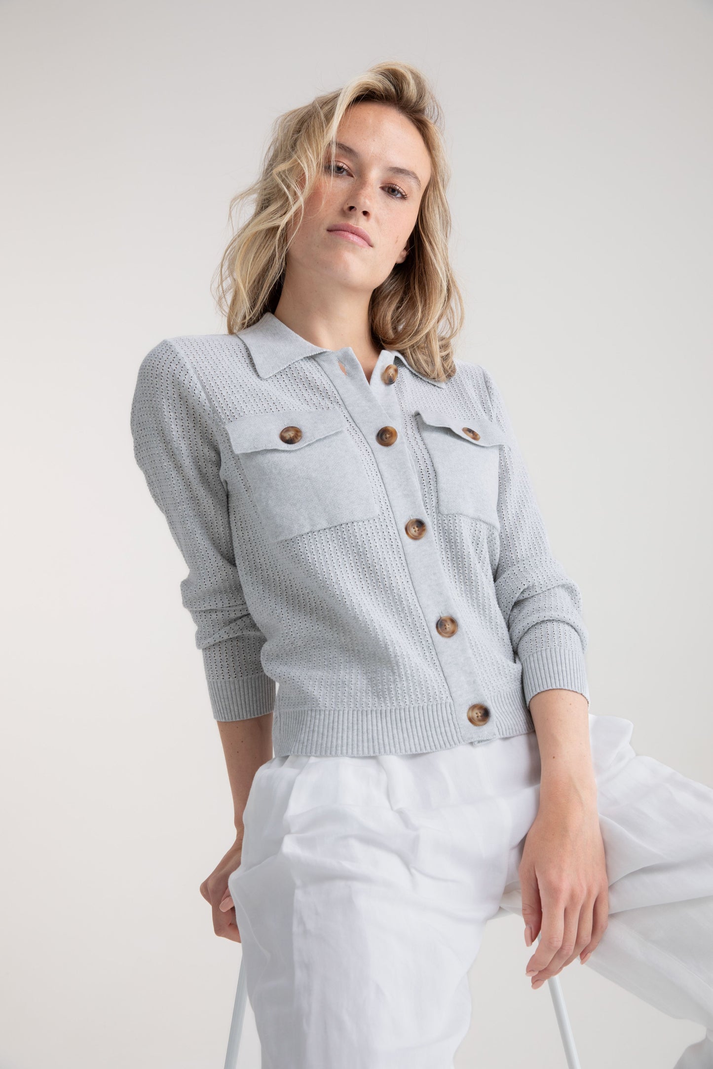 Marble Silver Grey Button Up Knit Cardigan
