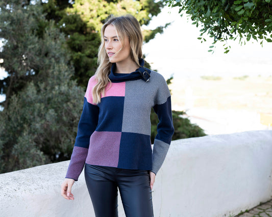 Marble Pink and Navy Cowl Neck Knit Jumper