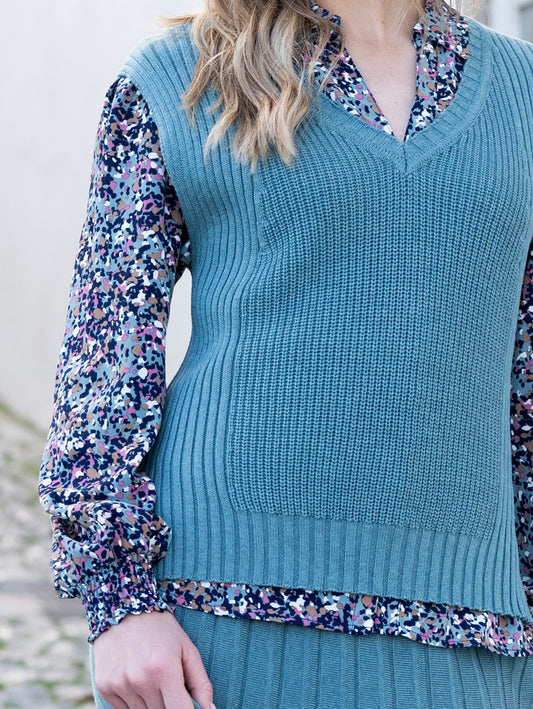 Marble Teal Slevess Knit Jumper