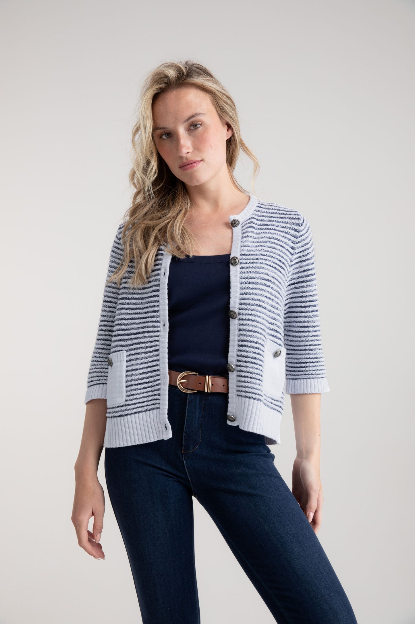 Marble White and Navy Heavy Knit Cardigan