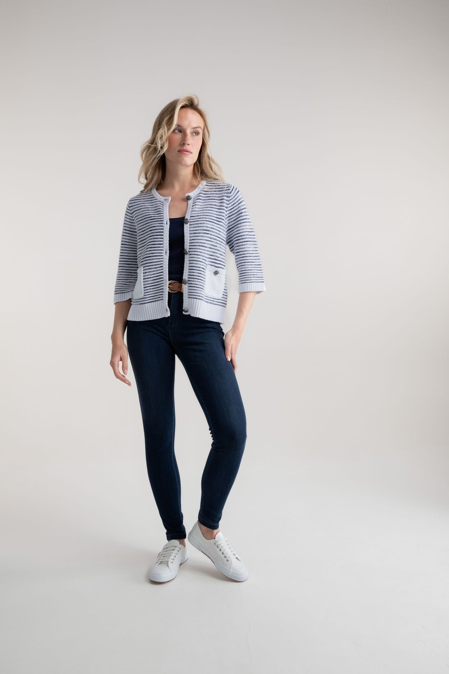 Marble White and Navy Heavy Knit Cardigan