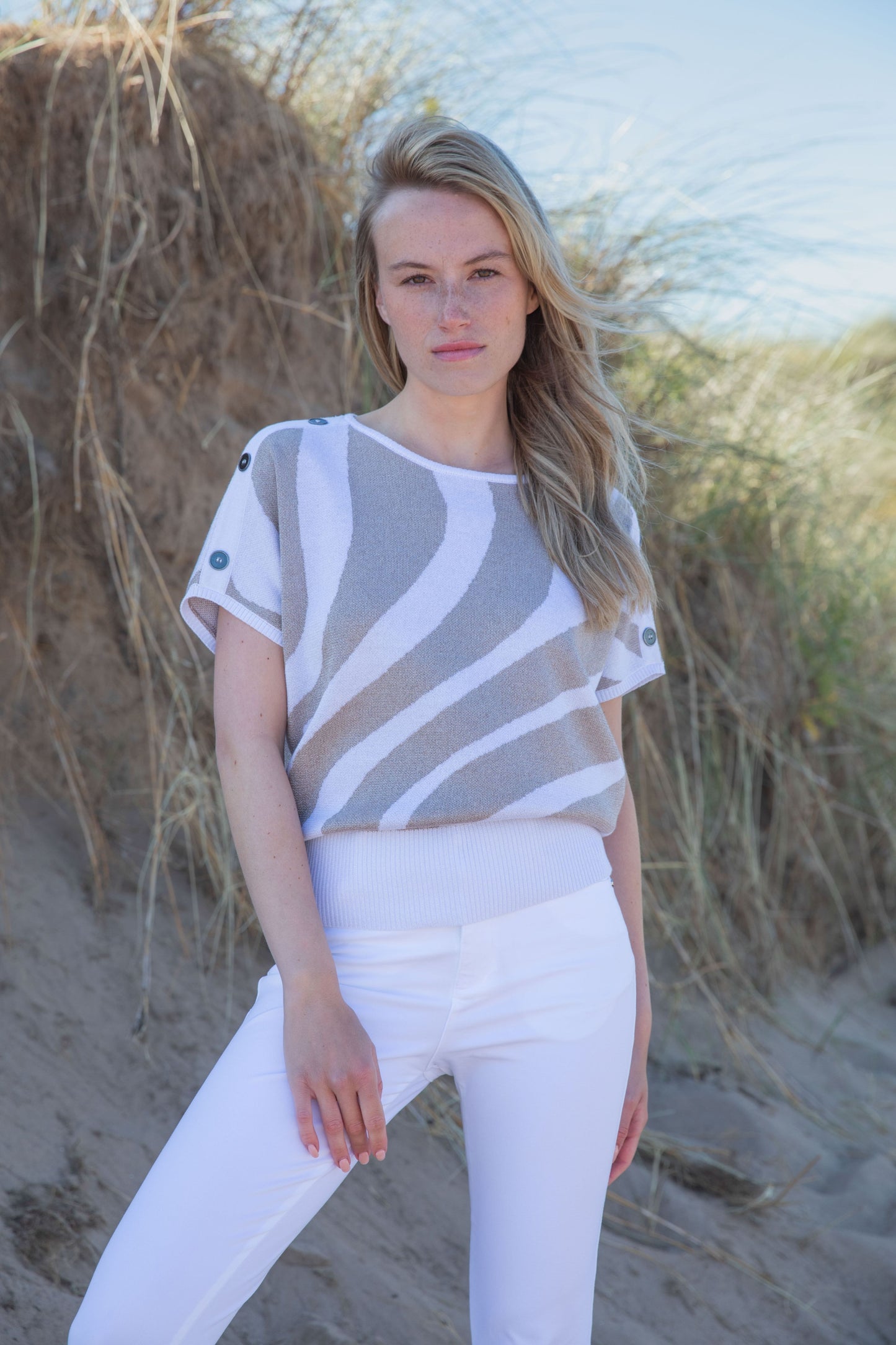 Marble Khaki Shimmer Button Detail Knit