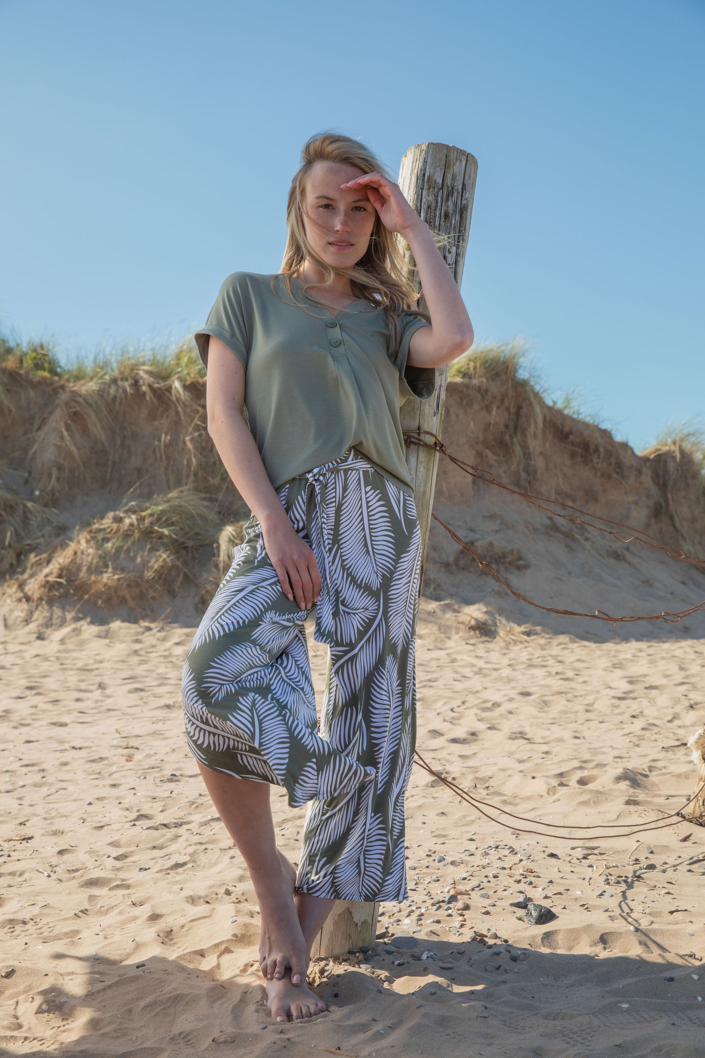 Marble Leaf Print Khaki Trousers