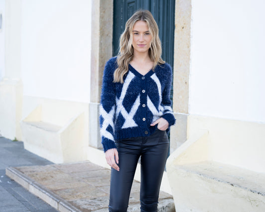 Marble Navy and White Furry Knit Cardigan