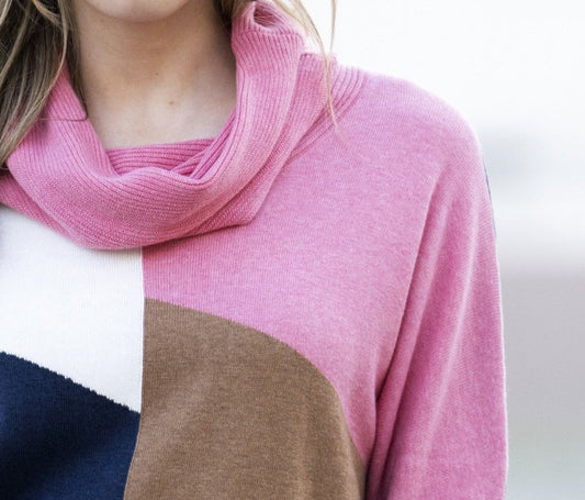 Marble Pink and Navy Colourblock Cowl Knit Jumper
