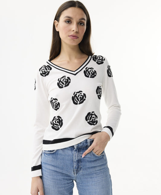 LEO&UGO Black Rose Cream V-Neck Jumper