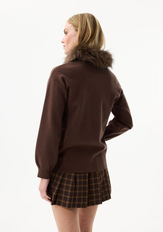 LEO&UGO Knit Brown Fur Collar Cardigan