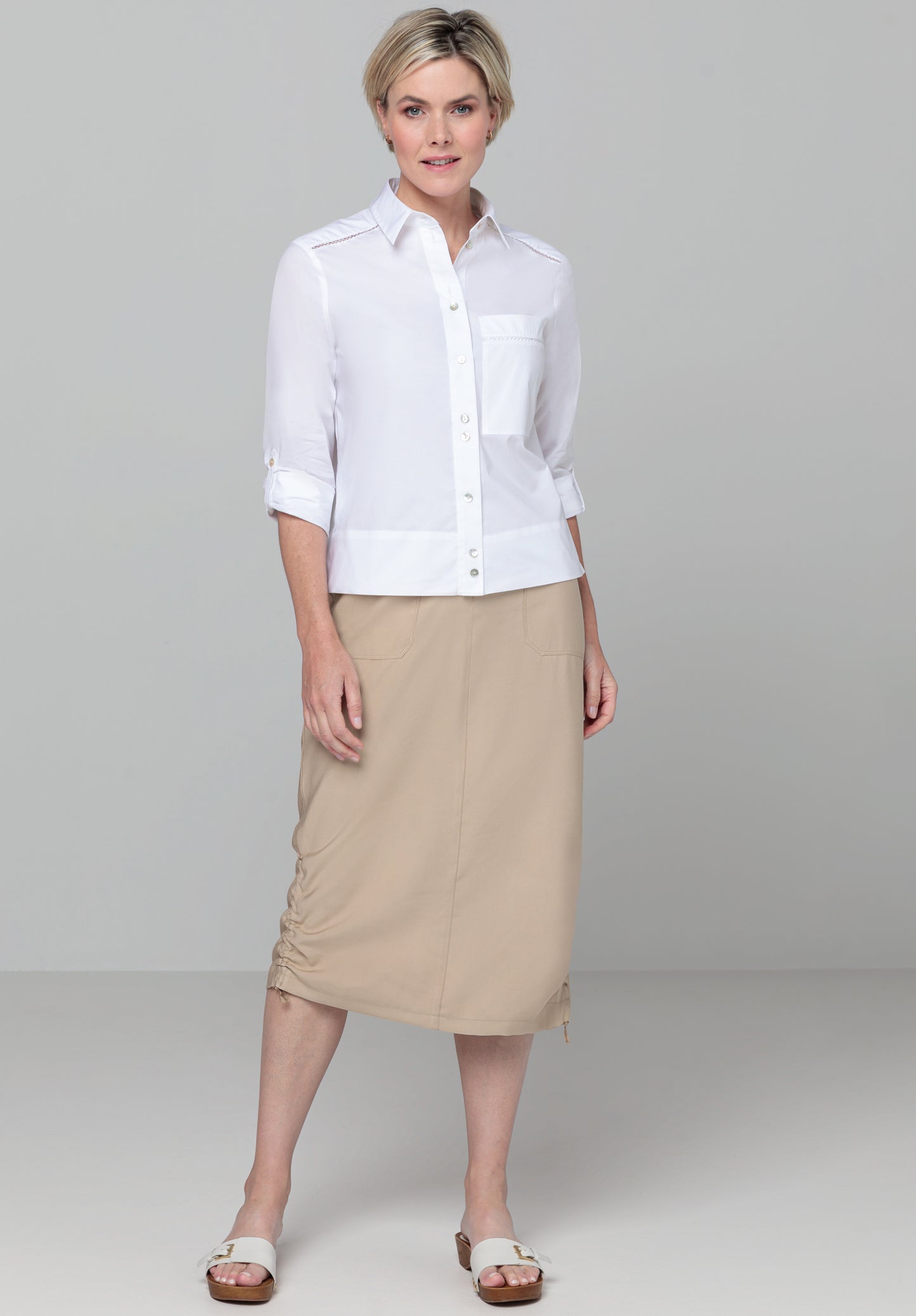 BIANCA Bisque Ruched Midi Skirt