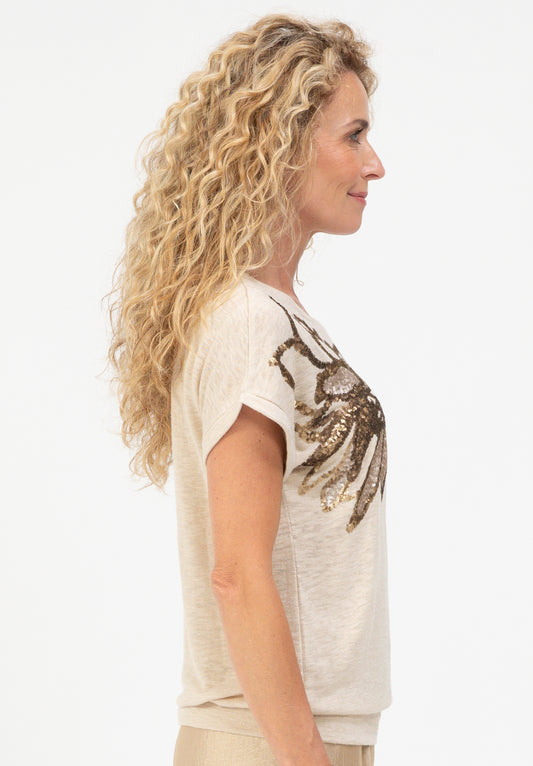 BIANCA Oat Coloured Embellished T-Shirt
