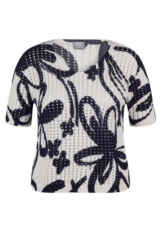 RABE Navy and Cream Openwork Knit Top