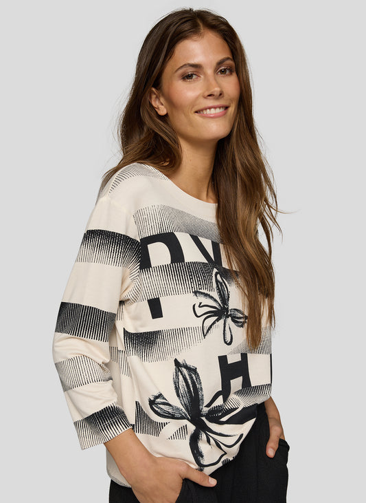 RABE Black and Cream Floral Stripe Top