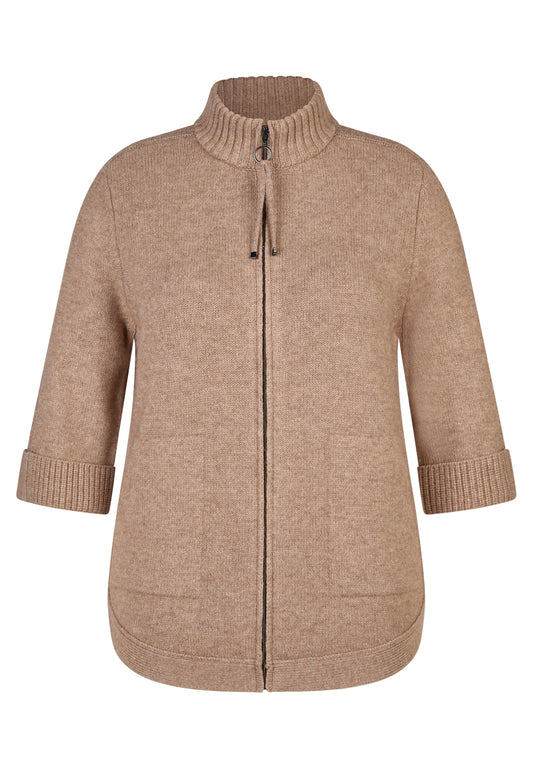 RABE Taupe Knit Zip Longline Cardigan