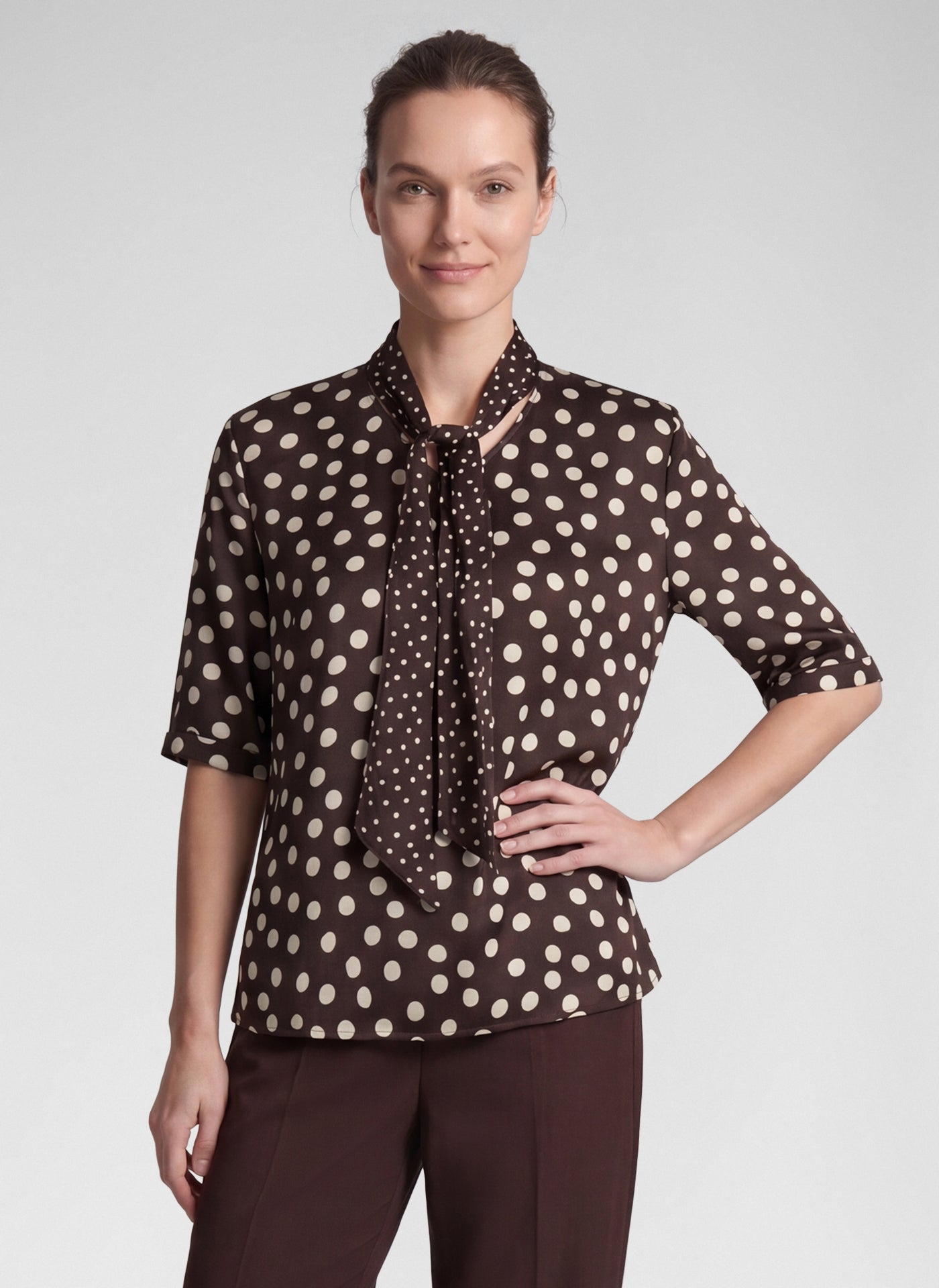 RABE Brown Polka Dot Tie Neck Blouse