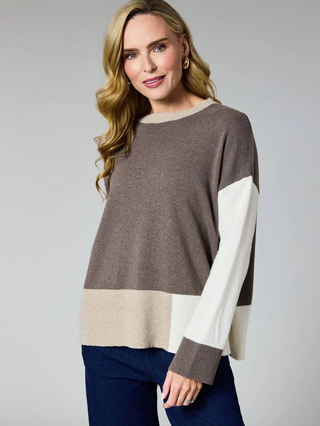 DECK By Decollage Taupe Colour Block Knit Jumper