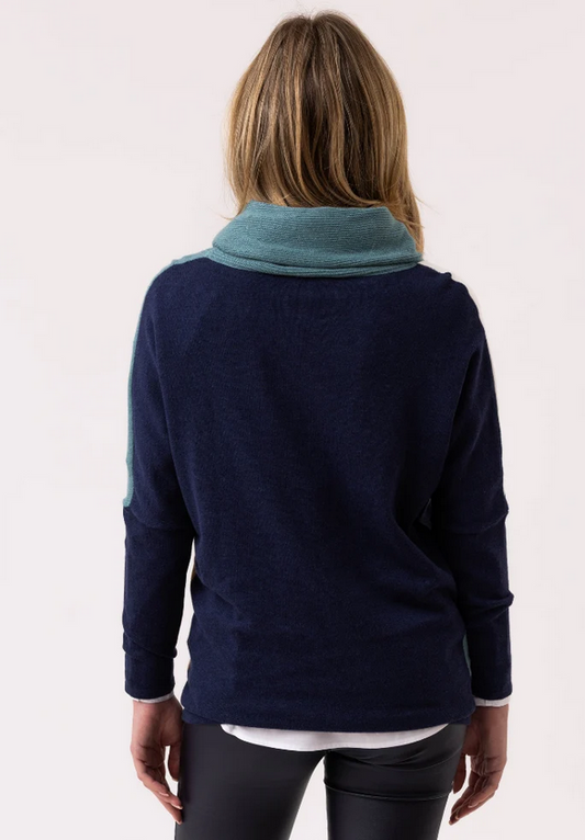 Marble Teal and Cognac Cowl Knit Jumper