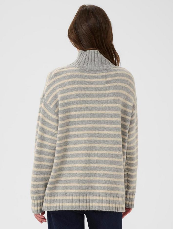 Part Two Grey and Cream Striped Wool High Neck Knit