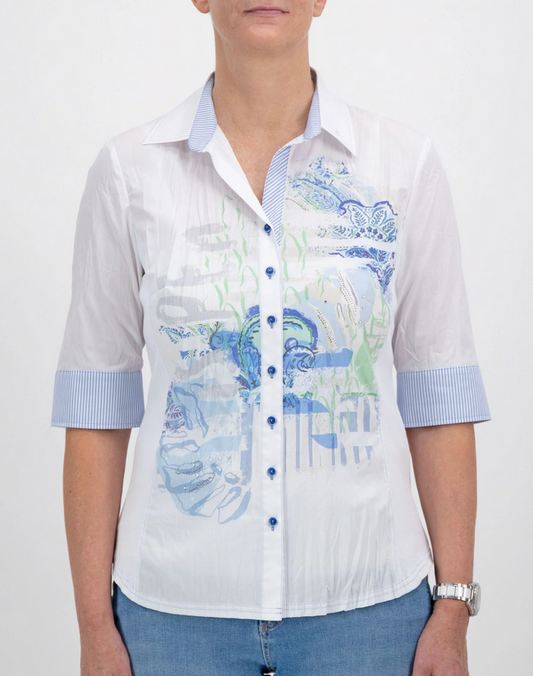 Just White Blue Motif Button Up Shirt
