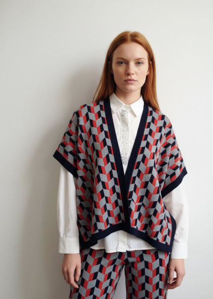 SCORZZO Navy and Red Knit Cape