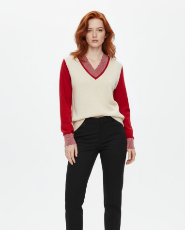 SCORZZO Red and Cream Colour Block Knit Jumper