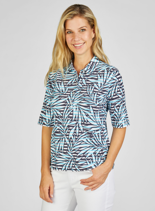 RABE Blue Palm Print Poloshirt Top