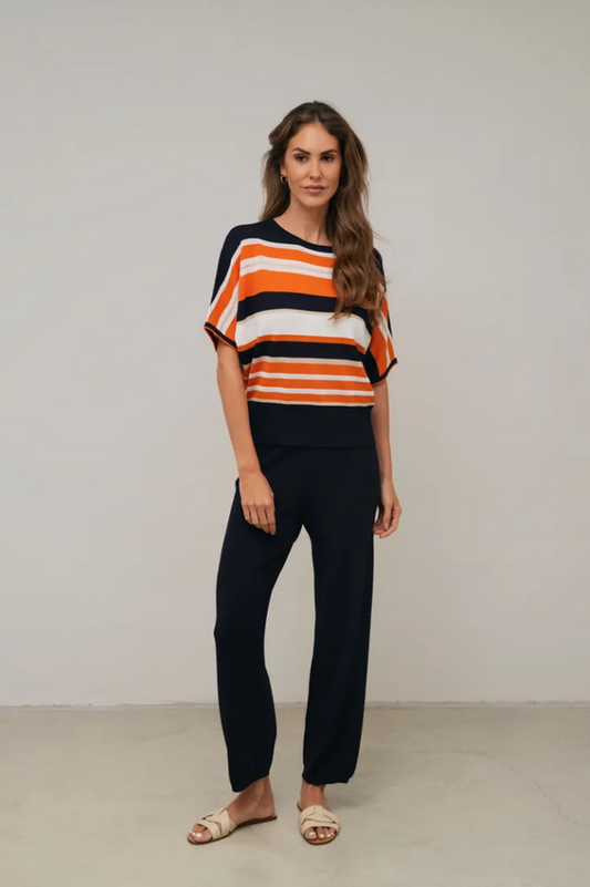 SCORZZO Orange and Navy Stripe Knit Top