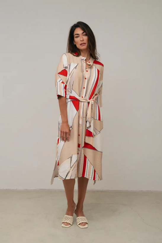 SCORZZO Cream and Red Pattern Shirt Dress