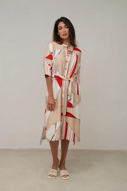 SCORZZO Cream and Red Pattern Shirt Dress