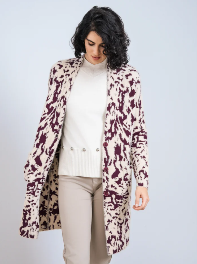 SCORZZO Maroon and Cream Textured Cardigan