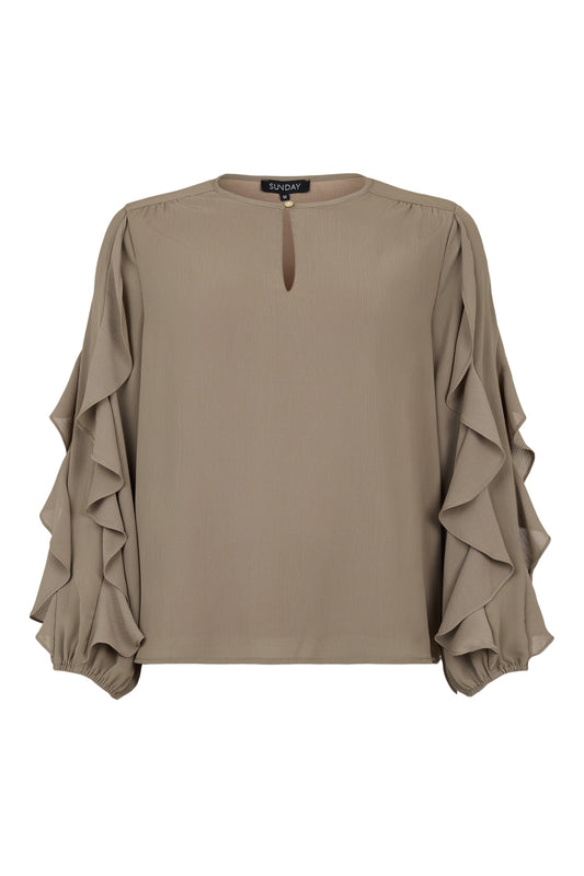 SUNDAY Taupe Ruffle Blouse