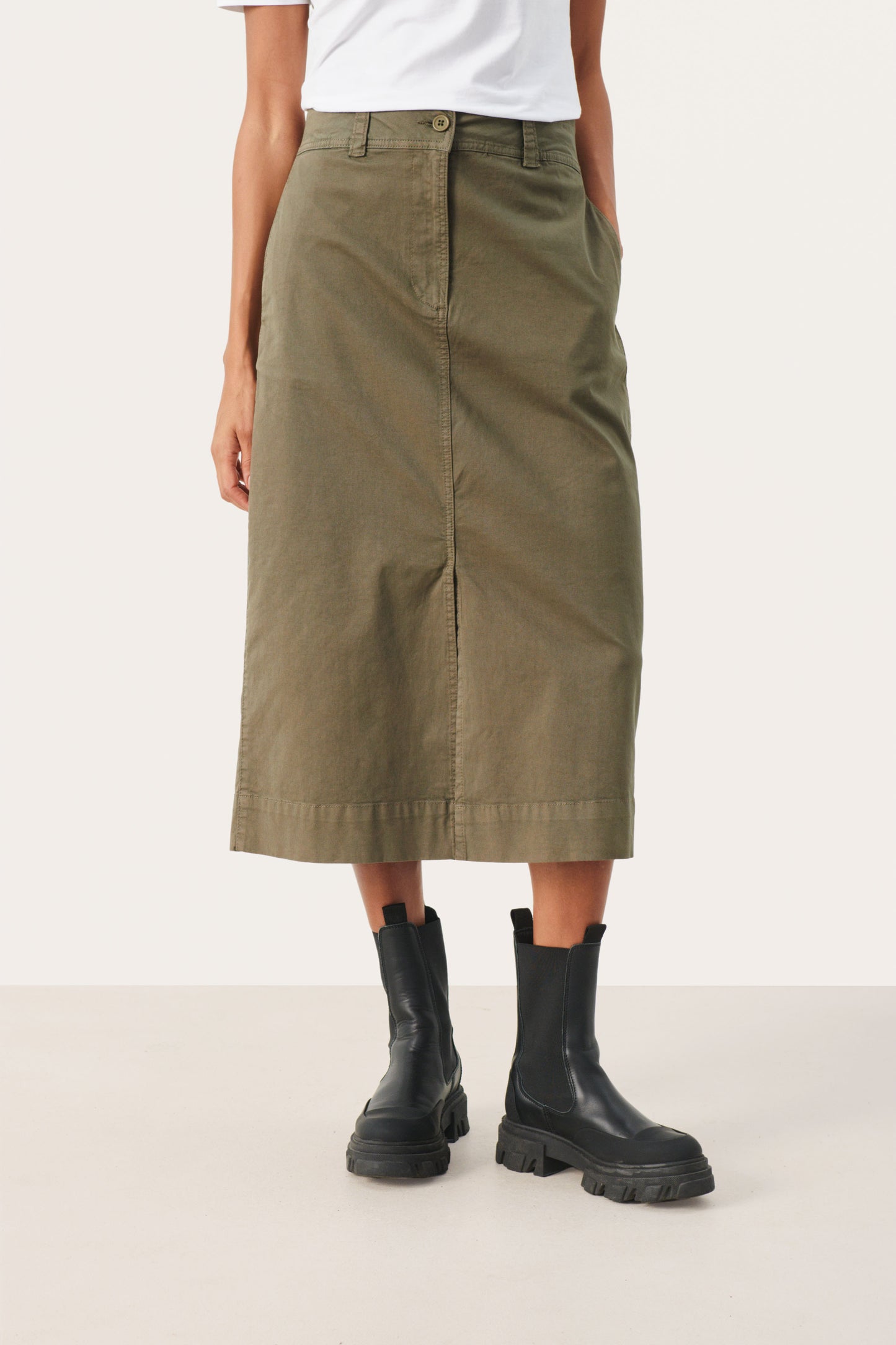 Part Two Khaki A-Line Midi Skirt