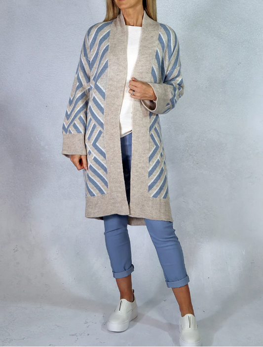 DECK Blue and Cream Open Longline Knit Cardigan