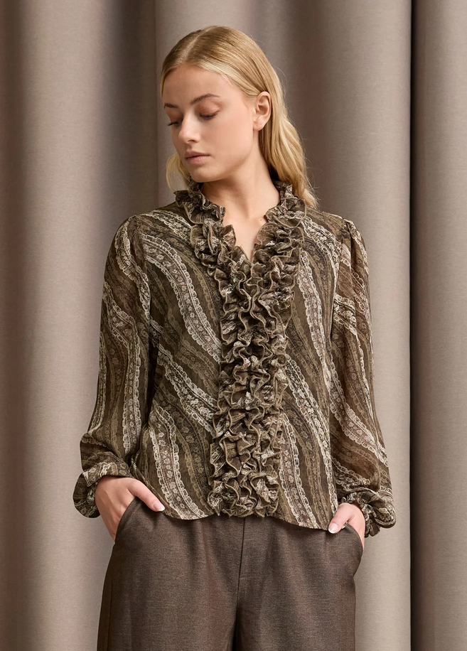iSay Vibse Ruffle Khaki Blouse