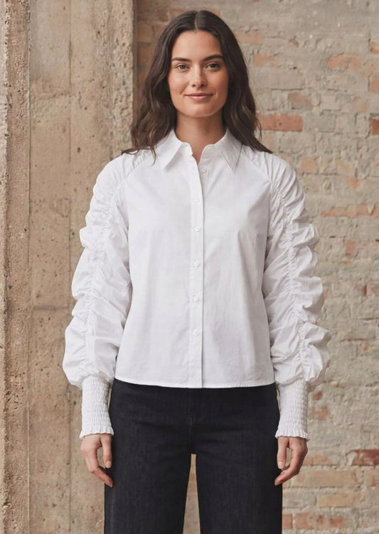 iSay Sigga Ruched Sleeve White Shirt