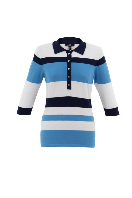 Marble Blue Stripe Knit Poloshirt Top