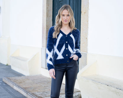 Marble Navy and White Furry Knit Cardigan