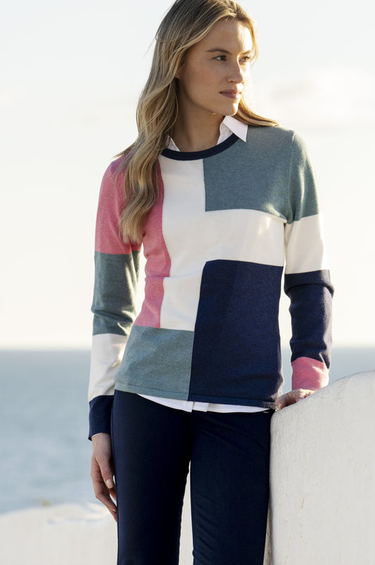 Marble Teal Colourblock Knit Jumper