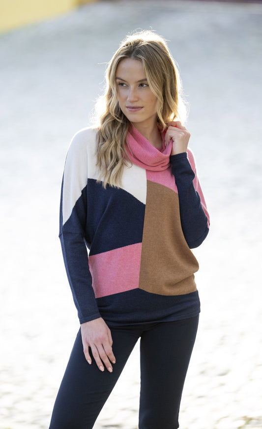 Marble Pink and Navy Colourblock Cowl Knit Jumper