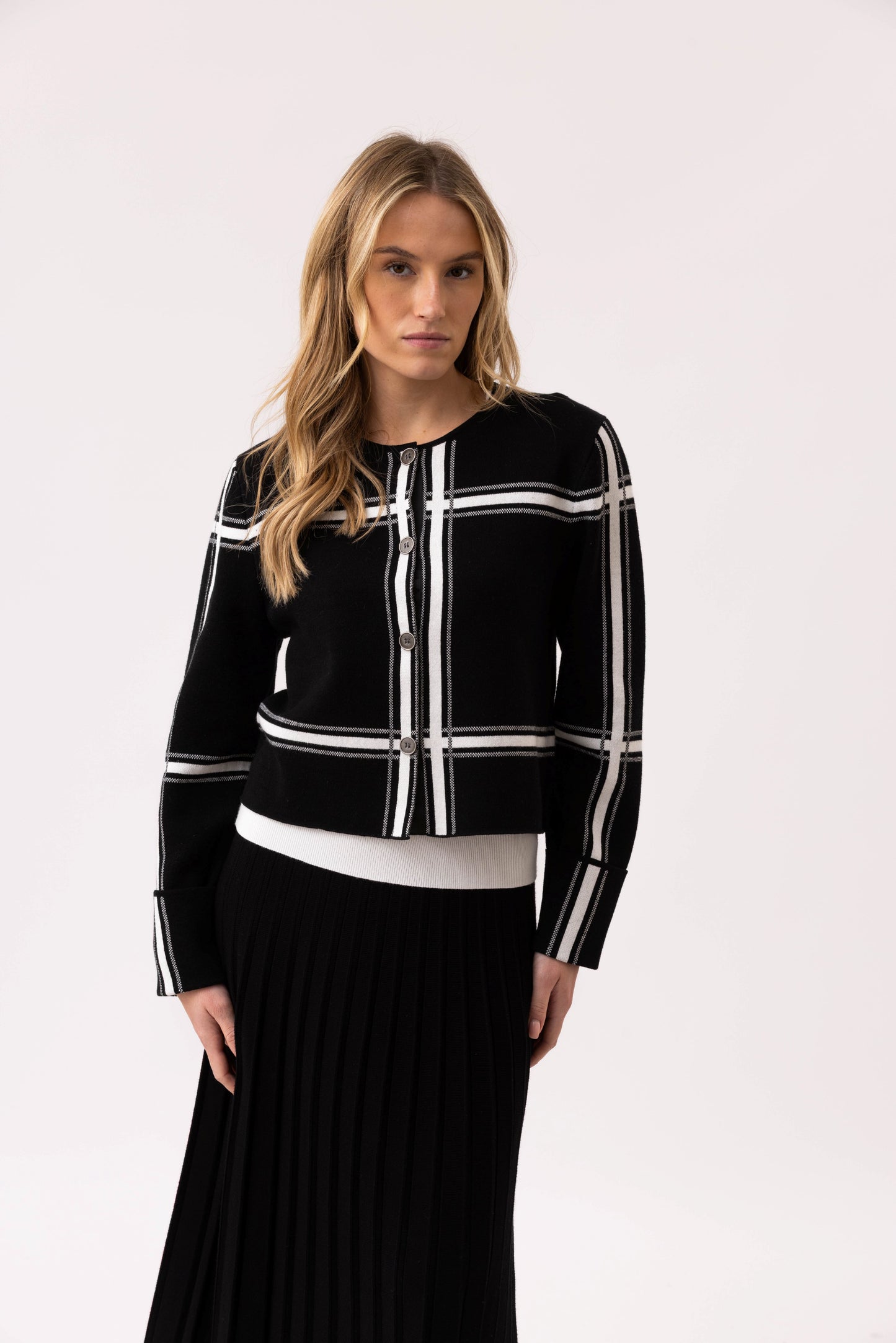 Marble Black and White Check Knit Cardigan