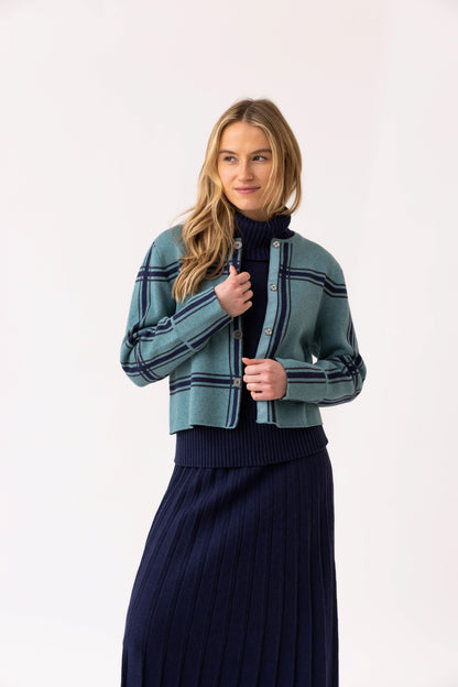 Marble Teal and Navy Check Knit Cardigan