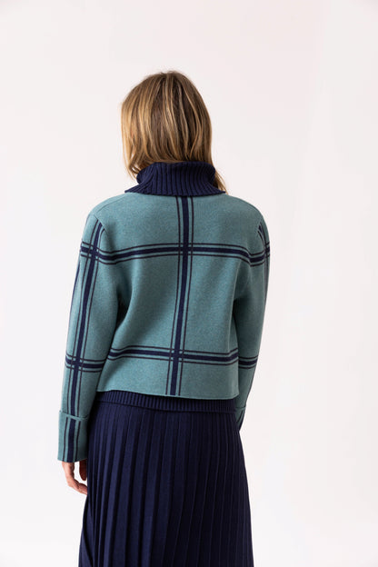 Marble Teal and Navy Check Knit Cardigan