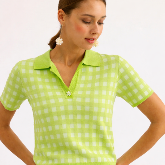 LEO&UGO Apple Green Gingham Knit Top