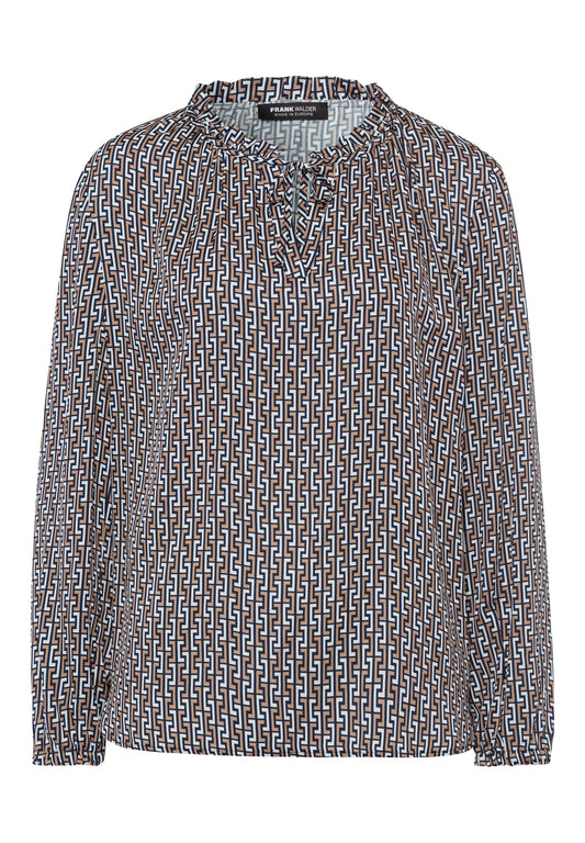 Frank Walder Cowl Neck Blue Print Top