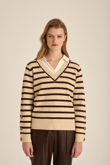 Marina V Brown and Cream Striped V-Neck Knit