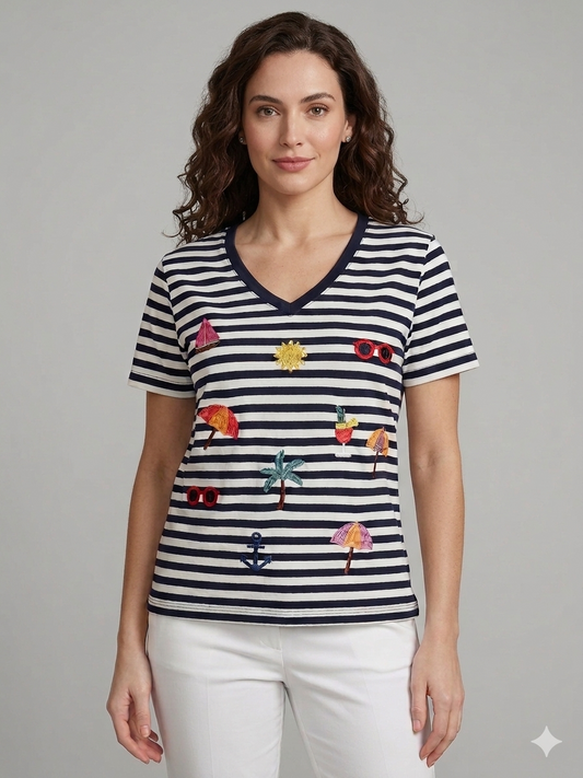 Leo&Ugo Navy Stripe Embrodiered Icons T-Shirt