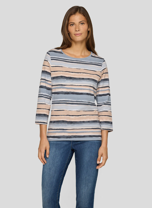 RABE Grey and Beige Striped Jersey Top