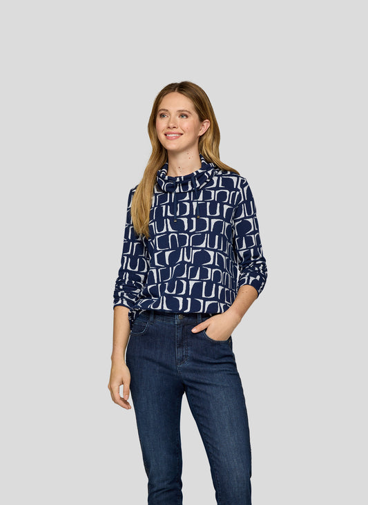 RABE Navy and Cream Abstract Knit Top