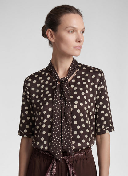 RABE Brown Polka Dot Tie Neck Blouse