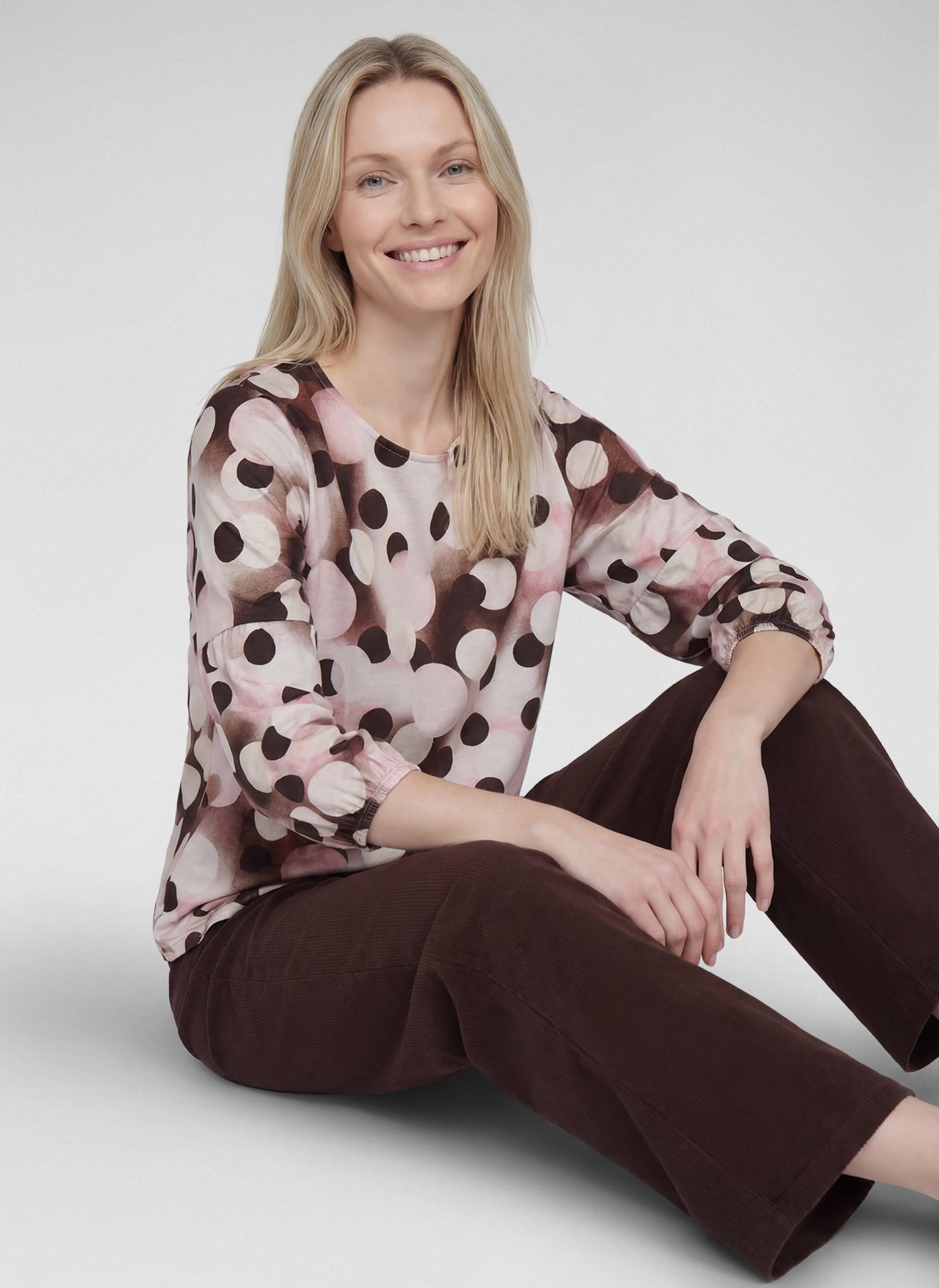 RABE Brown and Pink Circle Print Top